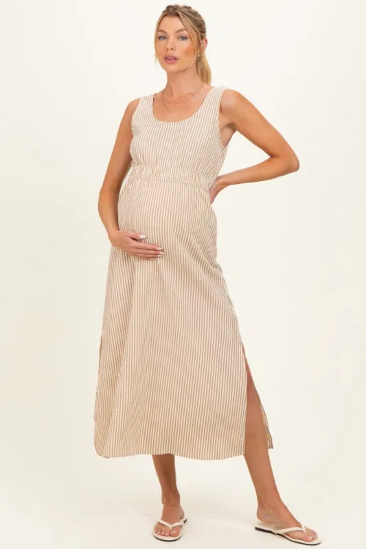 Beige Striped Sleeveless Cutout Maternity Maxi Dress made by Gilli