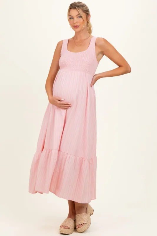 Pink Smocked Striped Sleeveless Maternity Maxi Dress made by BaeVely