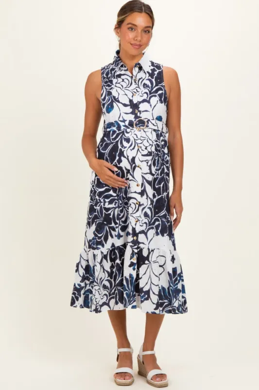 Navy Floral Belted Sleeveless Maternity Shirt Dress made by entro