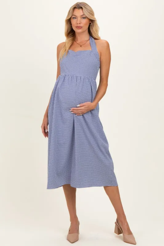 Navy Gingham Halter Neck Maternity Midi Dress made by Gilli
