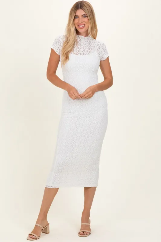 White Sheer Lace Overlay Short Sleeve Midi Dress made by Pinkblush