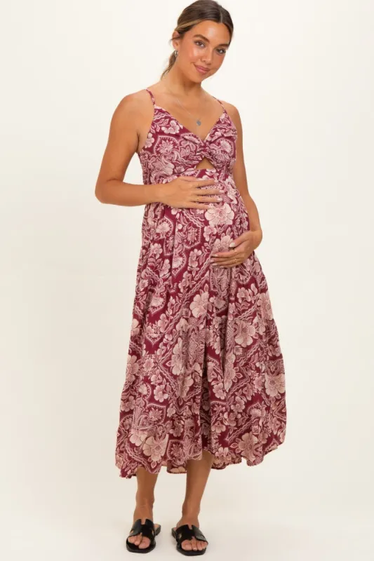 Wine Floral V-Neck Twist Front Cut Out Maternity Maxi Dress made by Angie