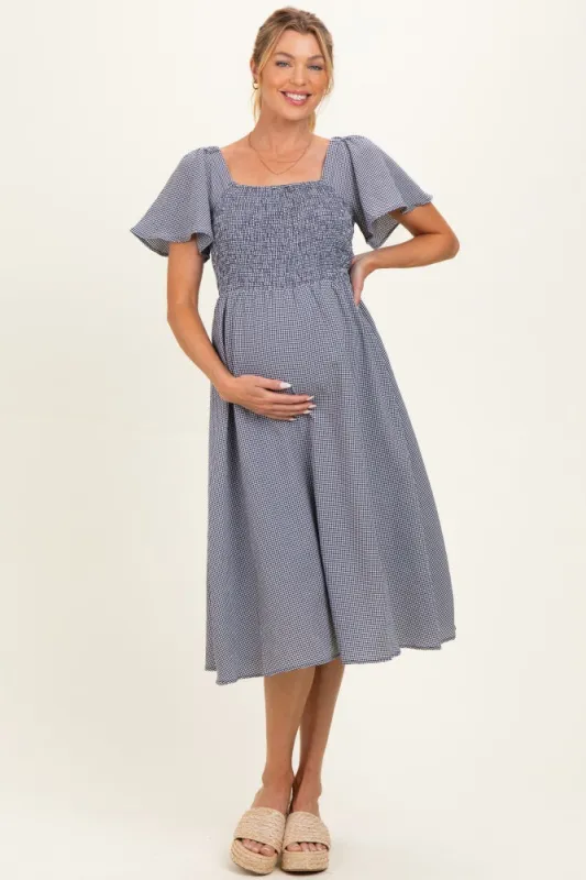 Navy Gingham Smocked Maternity Midi Dress made by Pinkblush