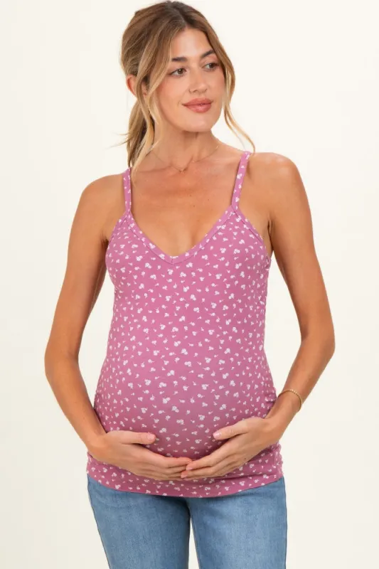 Mauve Floral Fitted Sleeveless Maternity Cami Tank Top made by Pinkblush