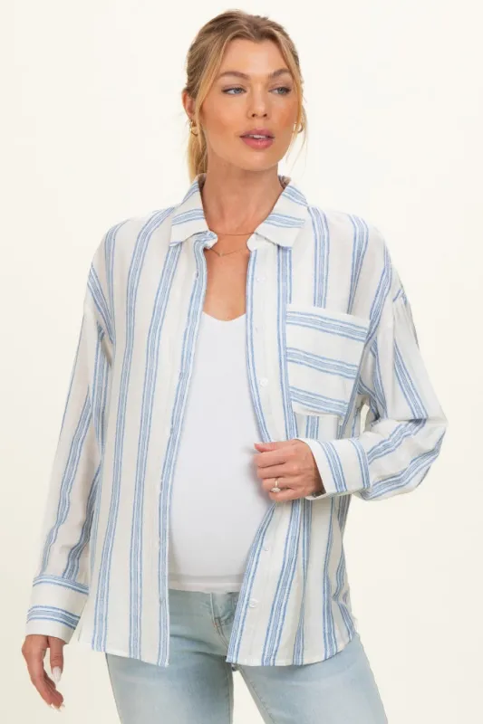 Blue Striped Long Sleeve Maternity Button Down Shirt made by So Me