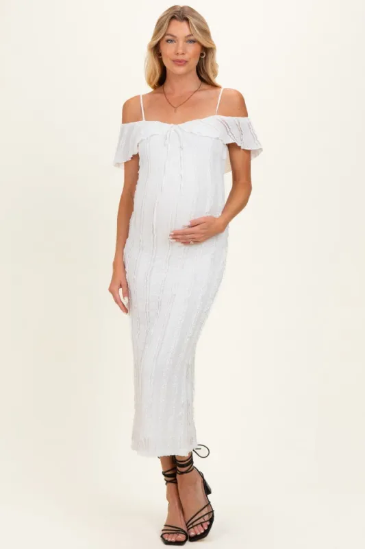 Ivory Off Shoulder Lace Knit Maternity Midi Dress made by Endless Blu