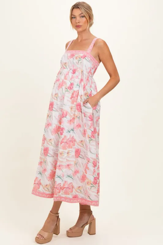 Coral Pink Floral Embroidered Maternity Maxi Dress made by Inloom