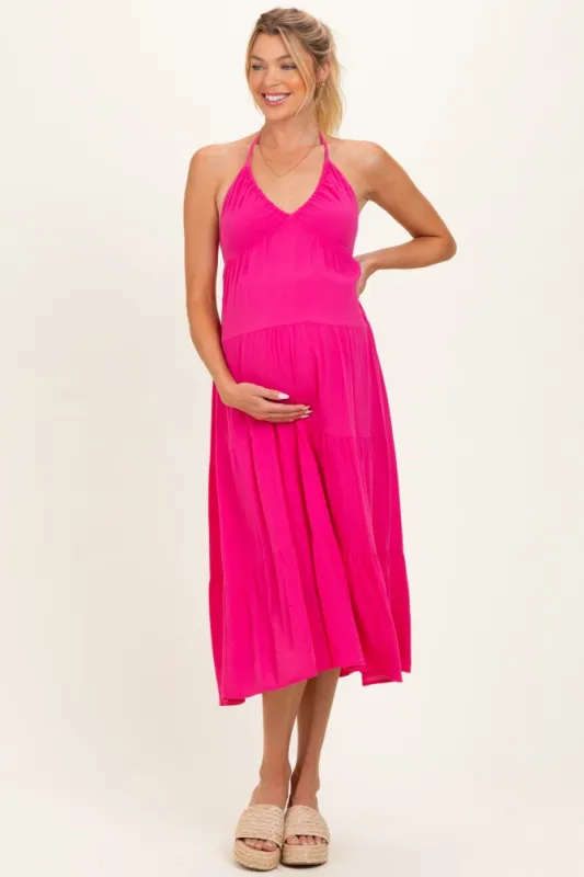 Pink Halter Cutout Maternity Midi Dress made by Timing