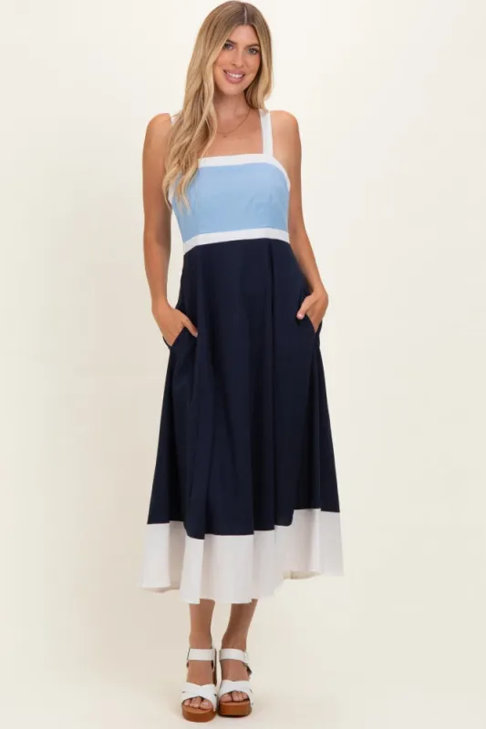 Light Blue Navy Colorblock Sleeveless Midi Dress made by entro