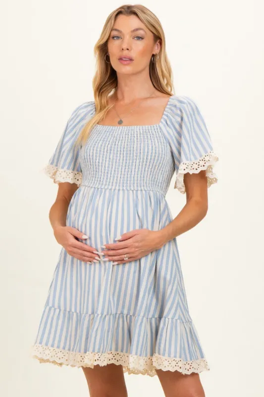 Light Blue Striped Smocked Lace Trim Maternity Dress made by BiBi