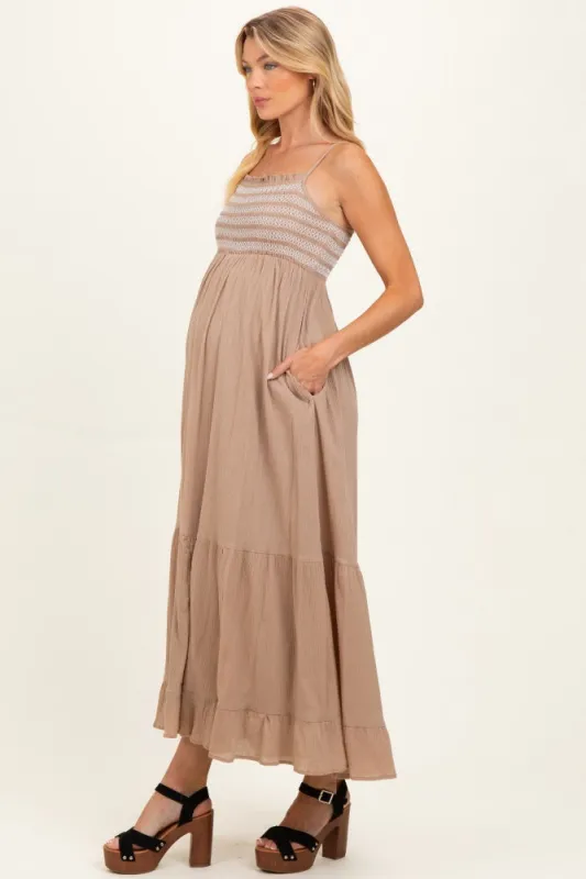 Beach Sand Embroidered Smocked Maternity Maxi Dress made by Inloom