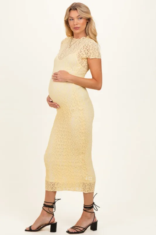 Yellow Sheer Lace Overlay Short Sleeve Maternity Midi Dress made by Pinkblush