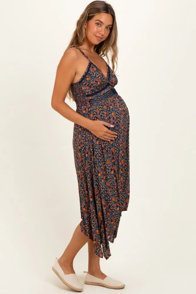 Navy Floral V-Neck Lace Trim Handkerchief Hem Maternity Dress sold by Pinkblush product image thumbnail 2