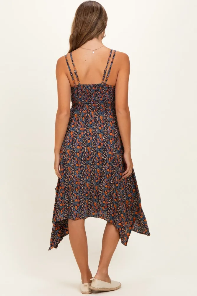 Navy Floral V-Neck Lace Trim Handkerchief Hem Maternity Dress sold by Pinkblush product image thumbnail 3
