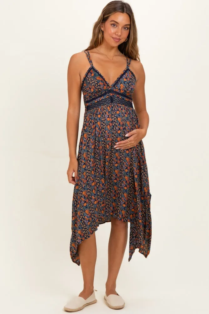Navy Floral V-Neck Lace Trim Handkerchief Hem Maternity Dress sold by Pinkblush