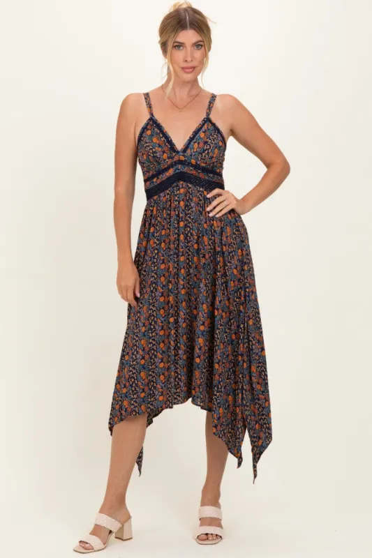 Navy Floral V-Neck Lace Trim Handkerchief Hem Dress made by Angie