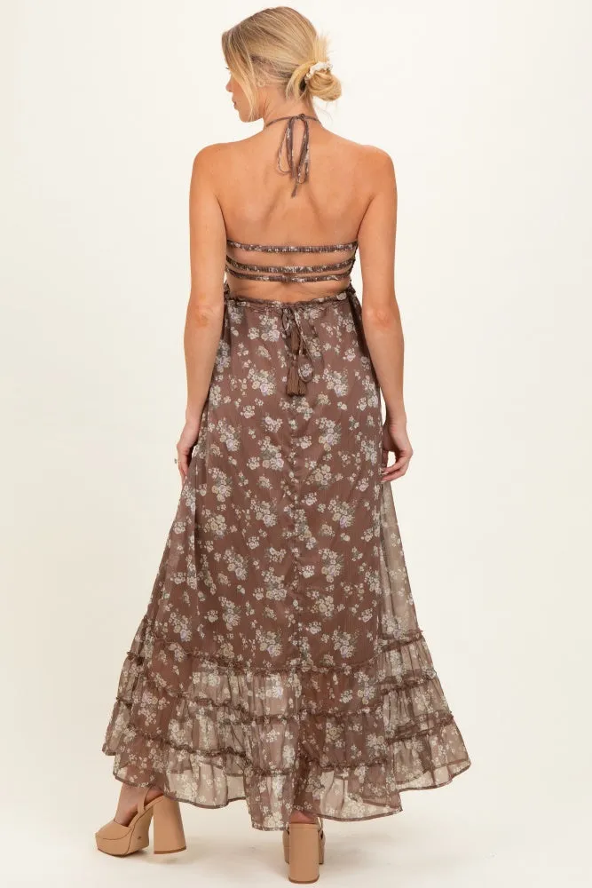 Brown Floral Smocked Open Back Maternity Maxi Dress sold by Pinkblush product image thumbnail 3