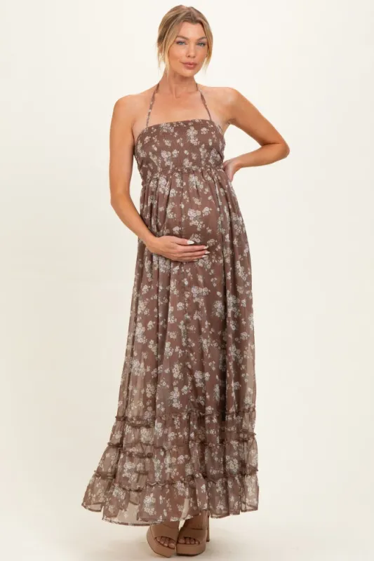 Brown Floral Smocked Open Back Maternity Maxi Dress made by HYFVE