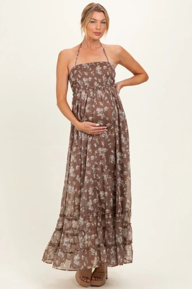 Brown Floral Smocked Open Back Maternity Maxi Dress sold by Pinkblush