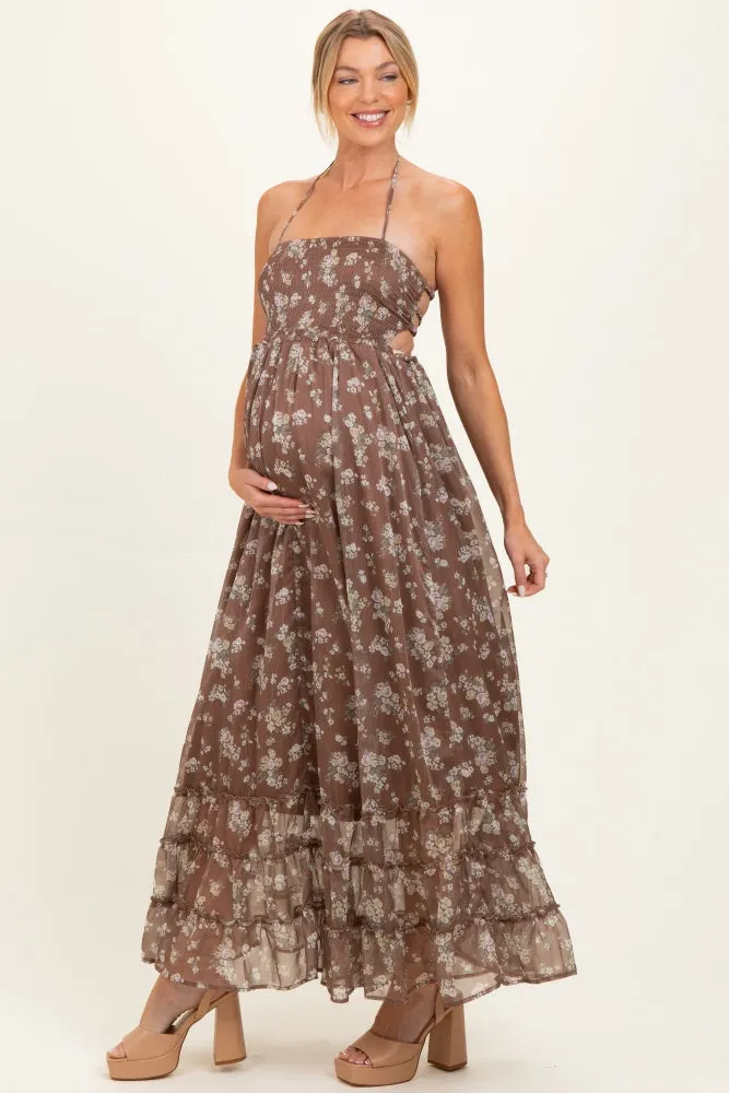 Brown Floral Smocked Open Back Maternity Maxi Dress sold by Pinkblush product image thumbnail 2