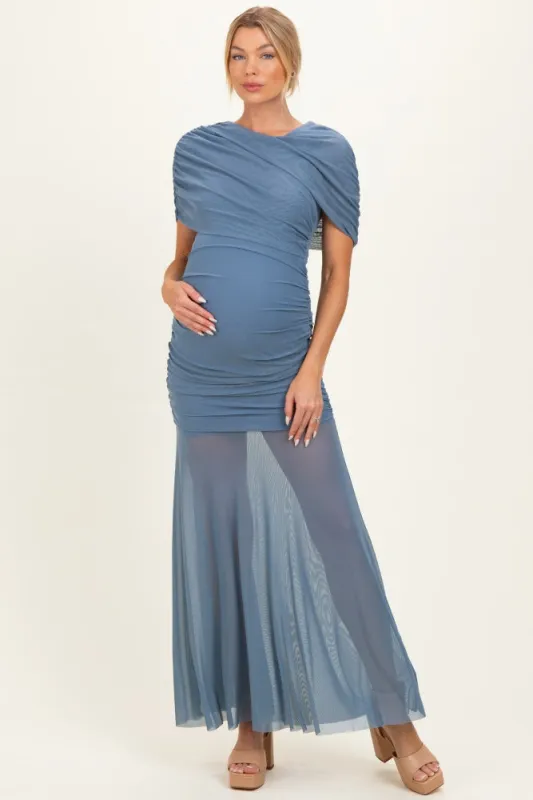 Blue Draped Bodice Ruched Mesh Maternity Maxi Dress made by Lalavon
