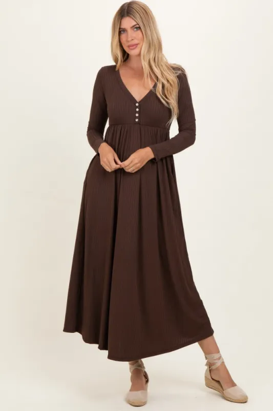 Brown Ribbed Knit Long Sleeve Maxi Dress made by Pinkblush