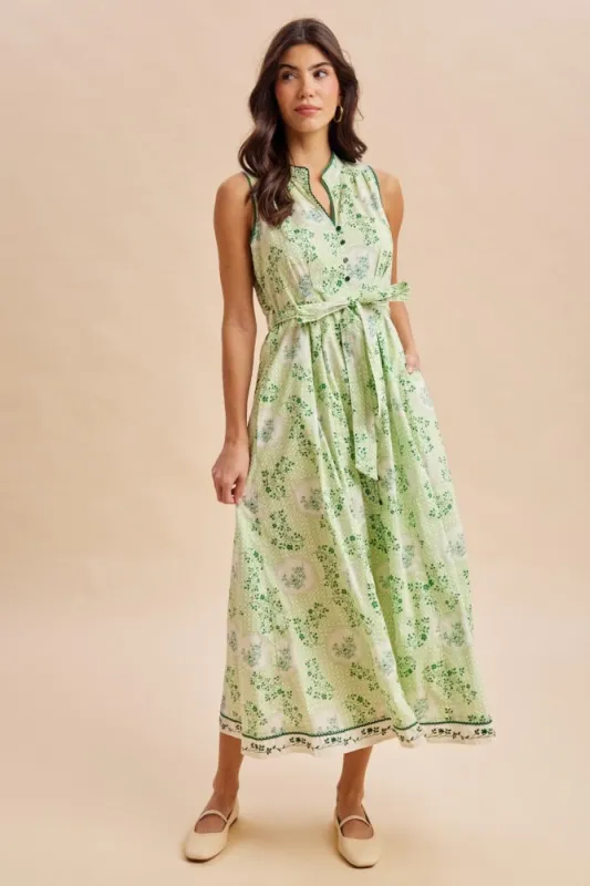 Fern Floral Button Up Tie Waist Midi Dress made by Inloom