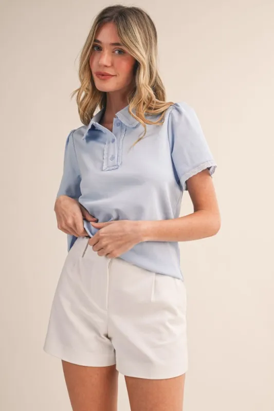 Sky Blue Lace Trim Polo Shirt made by Merci