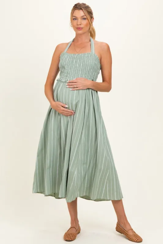 Eucalyptus Striped Smocked Halter Maternity Midi Dress made by Inloom