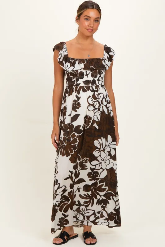 Brown Floral Ruffle Off Shoulder Maternity Maxi Dress made by Promesa