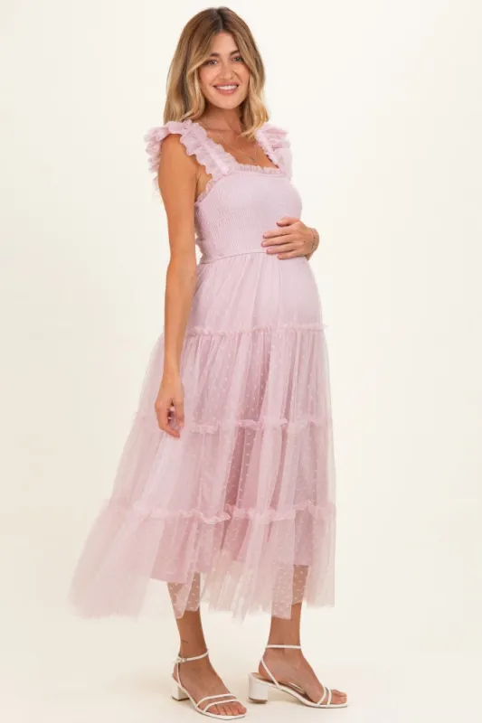 Light Pink Smocked Polka Dot Tulle Maternity Midi Dress made by Blu Pepper