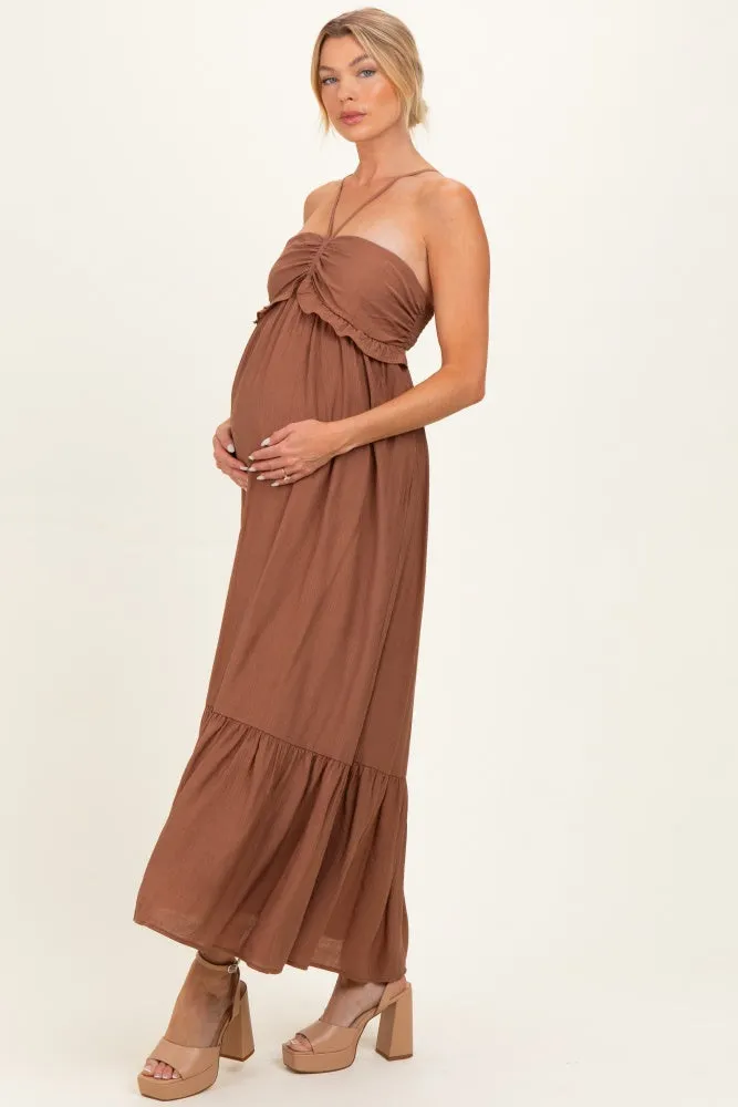 Amber Brown Halter Neck Tiered Cutout Maternity Maxi Dress sold by Pinkblush product image thumbnail 3