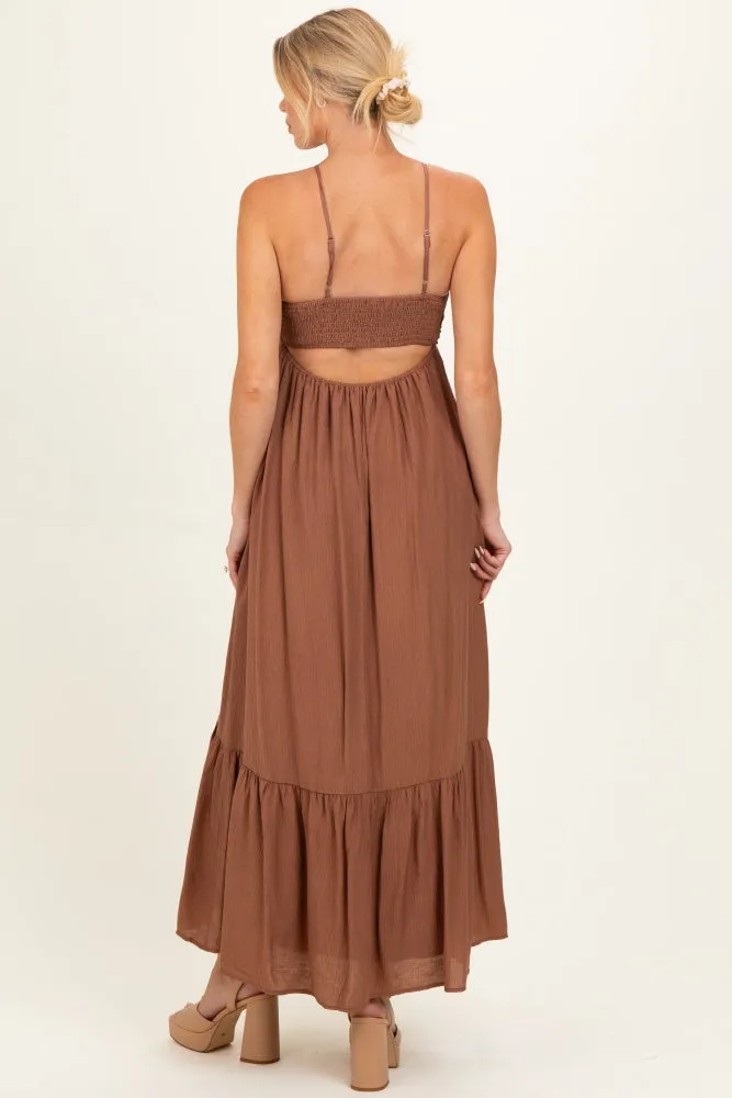 Amber Brown Halter Neck Tiered Cutout Maternity Maxi Dress sold by Pinkblush product image thumbnail 4