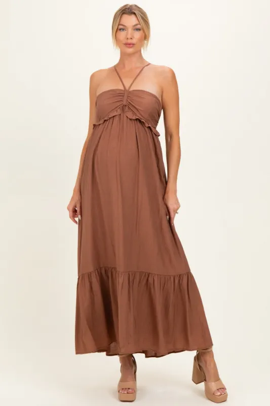 Amber Brown Halter Neck Tiered Cutout Maternity Maxi Dress made by Final Touch