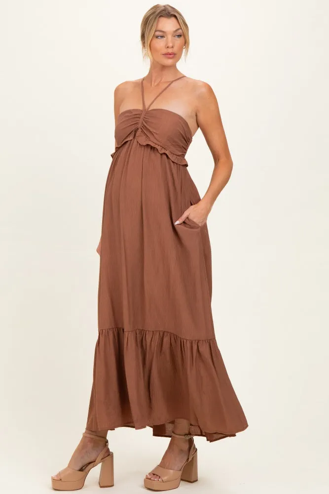 Amber Brown Halter Neck Tiered Cutout Maternity Maxi Dress sold by Pinkblush product image thumbnail 2
