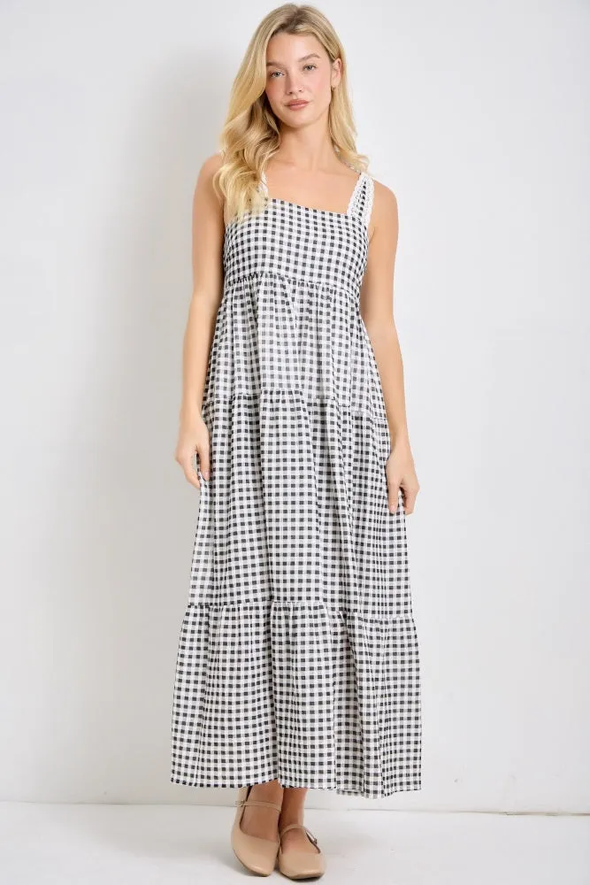 Black Gingham Lace Trim Shoulder Tie Maternity Maxi Dress sold by Pinkblush product image thumbnail 4