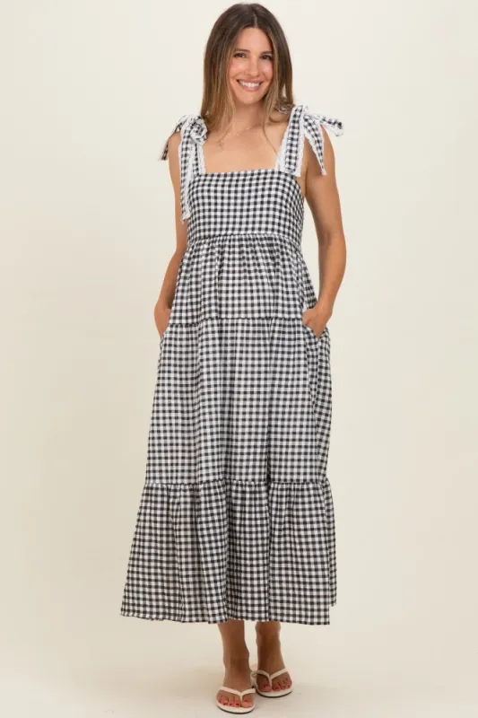 Black Gingham Lace Trim Shoulder Tie Maternity Maxi Dress made by BaeVely