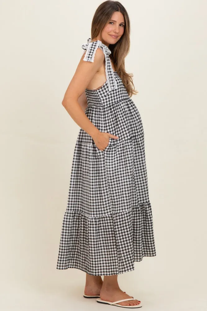 Black Gingham Lace Trim Shoulder Tie Maternity Maxi Dress sold by Pinkblush product image thumbnail 2
