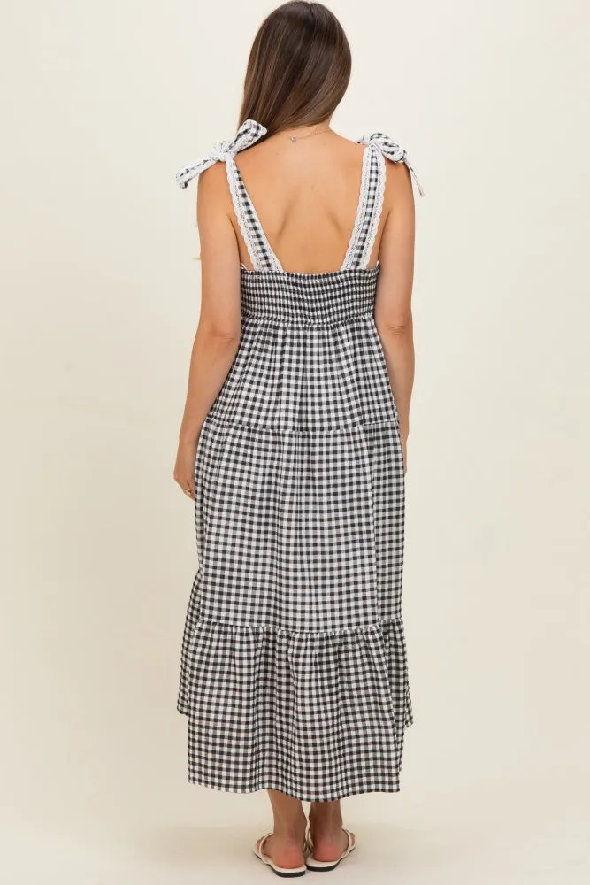 Black Gingham Lace Trim Shoulder Tie Maternity Maxi Dress sold by Pinkblush product image thumbnail 3