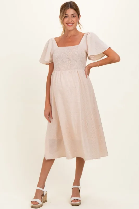 Biege Gingham Smocked Maternity Midi Dress made by Pinkblush
