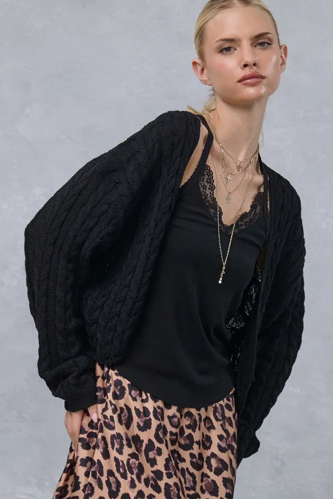 Black Dolman Sleeve Boho Cable Knit Cardigan sold by Pinkblush product image thumbnail 2