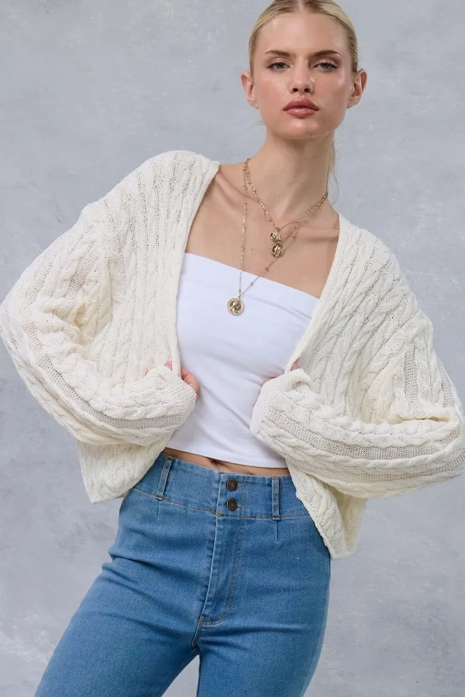 Cream Dolman Sleeve Boho Cable Knit Cardigan sold by Pinkblush