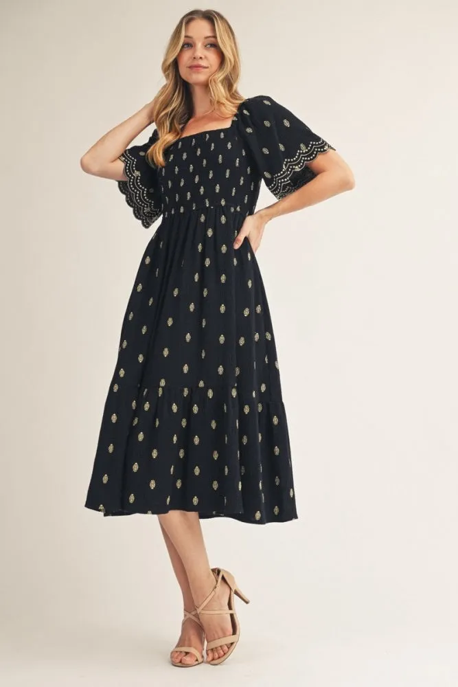 Black Smocked Embroidered Midi Dress sold by Pinkblush product image thumbnail 2