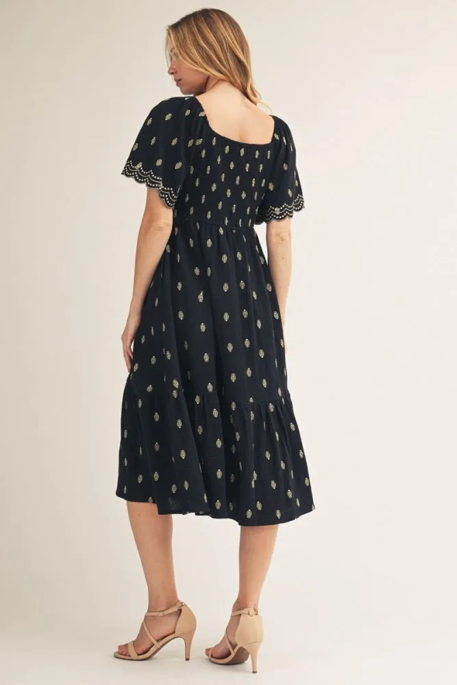 Black Smocked Embroidered Midi Dress sold by Pinkblush product image thumbnail 3