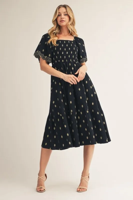 Black Smocked Embroidered Midi Dress made by JODIFL