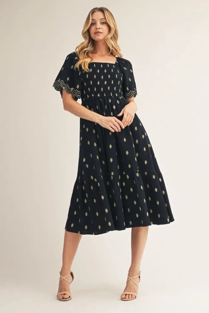 Black Smocked Embroidered Midi Dress sold by Pinkblush
