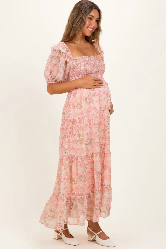 Pink Floral Chiffon Smocked Maternity Maxi Dress sold by Pinkblush product image thumbnail 3