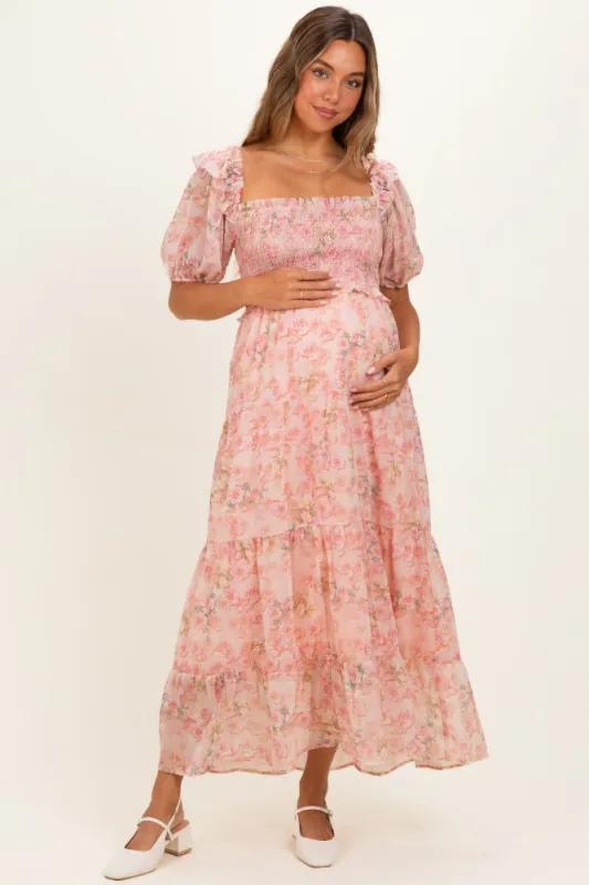 Pink Floral Chiffon Smocked Maternity Maxi Dress made by Davi & Dani