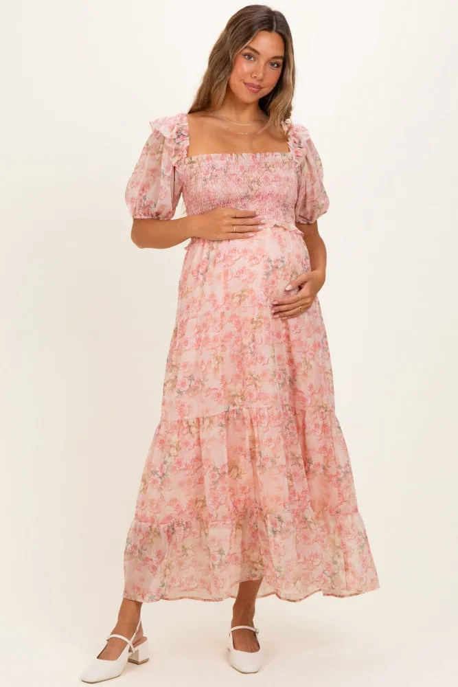 Pink Floral Chiffon Smocked Maternity Maxi Dress sold by Pinkblush