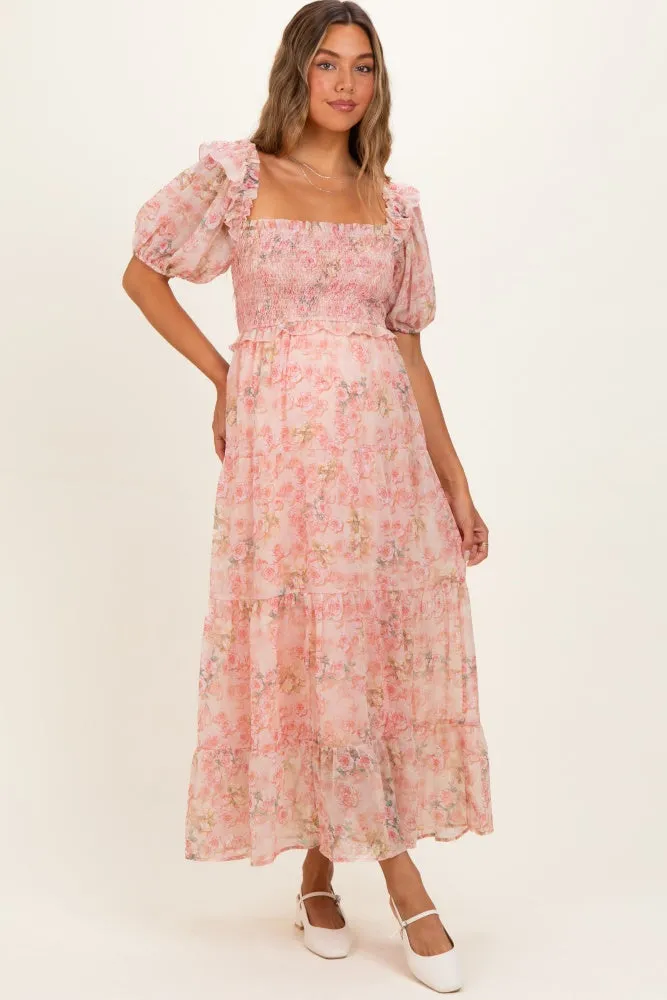 Pink Floral Chiffon Smocked Maternity Maxi Dress sold by Pinkblush product image thumbnail 2